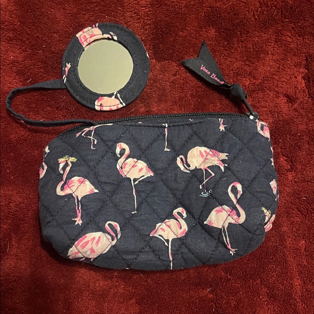 Vera Bradley Black and Pink Flamingo Quilted Small Pouch with Mirror